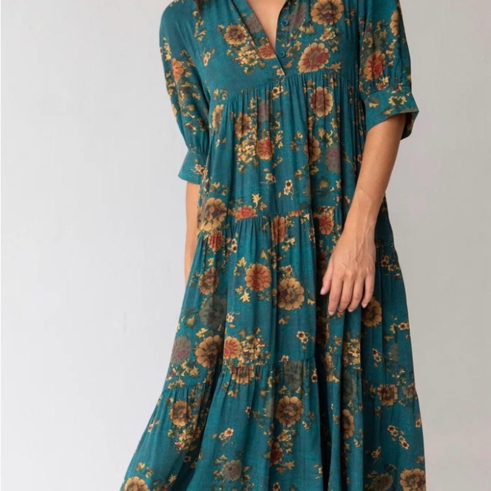 NATURAL LIFE Teal and Gold Floral Midi Dress